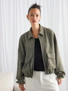 Manfinity VCAY Men Loose Fit Drop Shoulder Long Sleeve Lapel Casual Jacket, Suitable For Autumn/Winter - Army Green - View 2