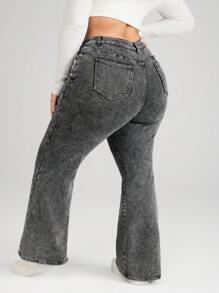 SHEIN CURVE+ 灰色大码牛仔裤，紧身弹力喇叭裤，内衬更加保暖 - 灰色 - 查看 2