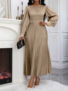 SHEIN Unity Women's Autumn Cinched Waist Pleated Puff Sleeve A-Line Dress Maxi Women Outfit - Khaki - View 5