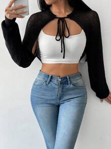 Chiquease 女士宽松休闲针织开衫配领带，纯色，秋季毛衣