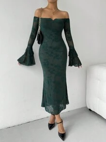 SHEIN Privé 1pc Off-Shoulder Flare Sleeve Flocked Fishtail Dress