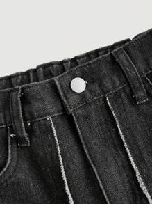 SHEIN Tween Boy Fashion Casual Design Sense Raw Edge Split Multiple Cargo Pockets Design Black Denim Cargo Loose Straight Leg Jeans For Dailywear And Kids Fall Clothes