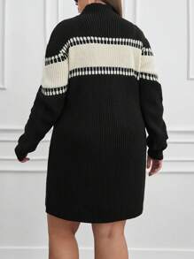 EURMUSE Plus Relaxed Fit Colorblock Detailed Knit Designed Sweater Short Dress - Black and White - View 2