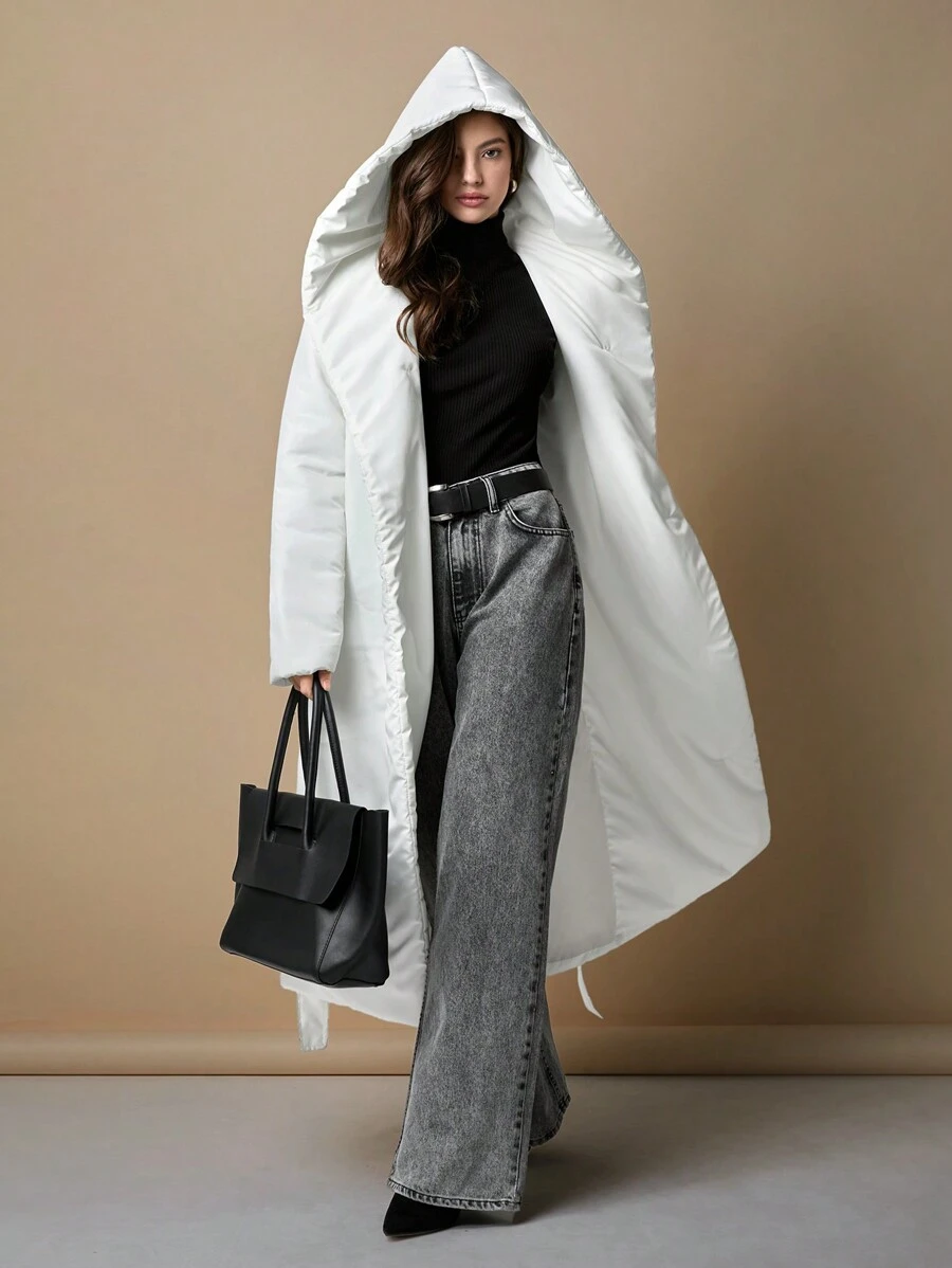 EURMUSE Manteau d'hiver avec ceinture, style léger, col châle et détails de col à capuche, rembourré long - Marron - Voir 1