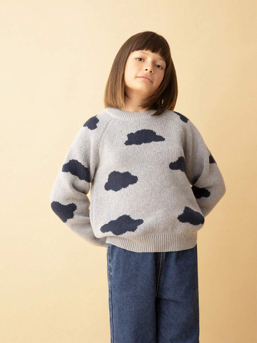 SHEIN Áo len cổ tròn tay raglan họa tiết đám mây đáng yêu cho bé gái tuổi mới lớn màu xanh, mùa thu/đông - Màu xanh lam - Xem 1