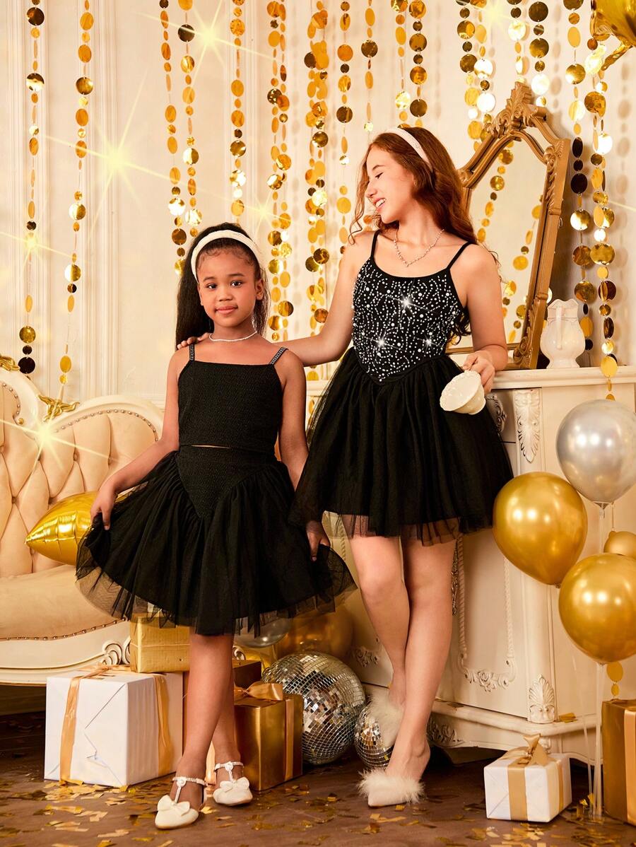 SHEIN Tween Girls' 2pcs/Set Elegant Swan Style Camisole And Tulle Skirt Outfit, Fashionable And Sophisticated For Christmas Party, Autumn