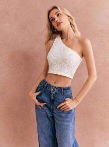 Poéselle Women Apricot Three-Dimensional Flower Crochet Top Fashion Solid Color Jacquard Asymmetric Neck Sleeveless Cropped Top FW24 Fall Clothes Slanted Shoulder Vest Women Corset Tops Fall Women Clothes Fall Tops Women Vest - Apricot - View 7