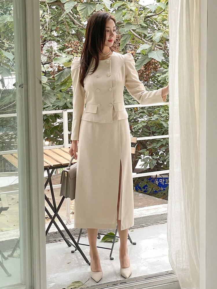 2pcs/Set Women Plain Jacket And Split Skirt,Fall Clothes