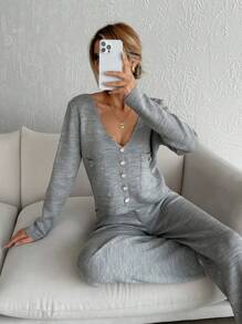 EURMUSE 2pcs/Set Solid Front Button Design Long Sleeve Top With Pocket And Casual Pants - Grey - View 1