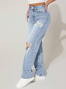 SHEIN EZwear 拉绒面料保暖高腰破洞直筒蓝色牛仔裤感恩节装扮圣诞装扮女士加厚牛仔布 - 淺藍色 - 查看 2