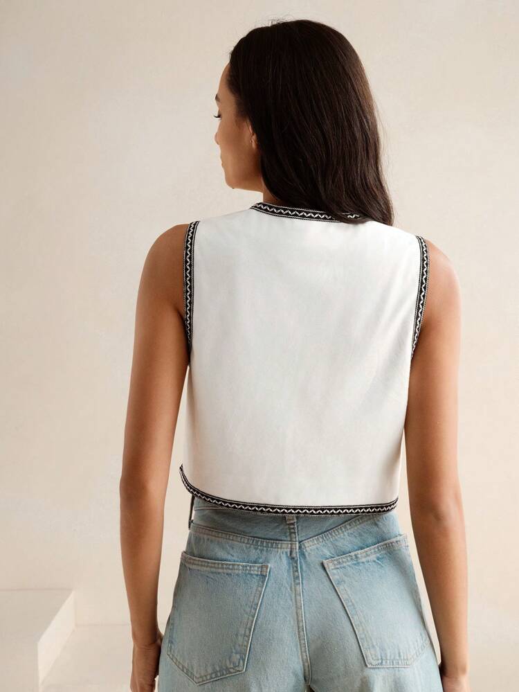 White Floral Lace Embroidery Contrast Color Vintage Vest