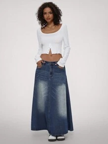Forever 21 女士褪色简约日常牛仔半身裙 - 藍色 - 查看 4