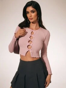 SURIMA Camiseta de manga larga con cuello en forma de lazo tejida con costillas de color rosa para mujer, top de regreso a casa de otoño/invierno de manga larga color rosa