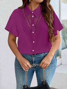 SHEIN Clasi Plus Size Casual Contrast Lace Flutter Sleeve Blouse, Summer