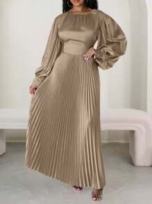 SHEIN Unity Women's Autumn Cinched Waist Pleated Puff Sleeve A-Line Dress Maxi Women Outfit - Khaki - View 3
