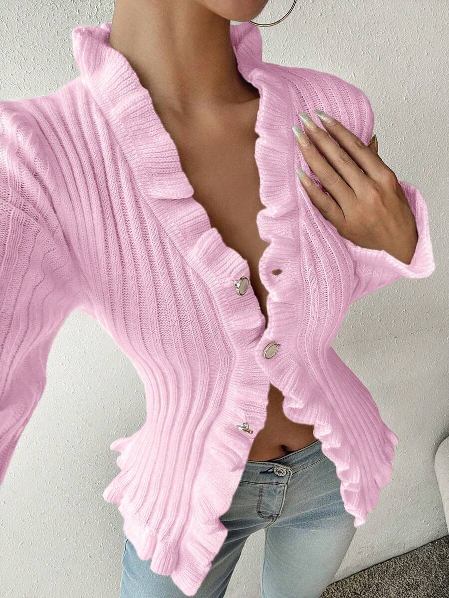 Celisse 女士优雅修身荷叶边针织开衫