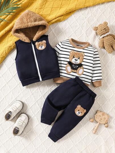 3pcs/Set Baby Boy Bear Striped Pattern Warm Fleece Sweatshirt, Hooded Vest And Pants Casual Outfit, Autumn/Winter