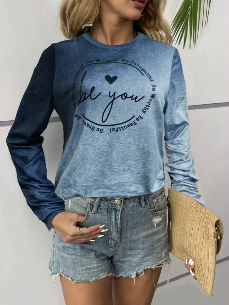 SHEIN LUNE Ombre Slogan Print Casual Long Sleeve T-Shirt - Grey - View 1