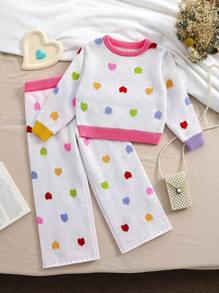 SHEIN Explorewe Bộ áo len dệt kim Jacquard nhiều màu hình trái tim cho bé gái và quần dệt kim, thể hiện phong cách sống động và đáng yêu. Thích hợp cho mùa thu/đông và các hoạt động ngoài trời - trắng - Xem 2