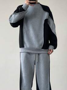 Manfinity Hypemode Conjunto casual de 2 piezas para hombre: sudadera de manga larga y pantalón con cordón en la cintura, en bloques de color, para otoño