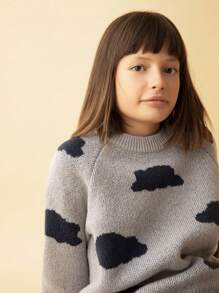 SHEIN Áo len cổ tròn tay raglan họa tiết đám mây đáng yêu cho bé gái tuổi mới lớn màu xanh, mùa thu/đông - Màu xanh lam - Xem 5