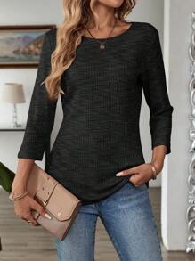 EMERY ROSE Fall Women ClothesWomen's Round Neck Casual Knit Long Sleeve T-Shirt - Black - View 5