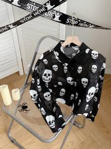 Comfortcana Skeleton Print Chiffon Cropped Long Sleeve Blouse For Halloween