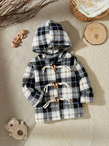 SHEIN Baby Boy Classic Black & White Plaid Hooded Cardigan Jacket, Warm Flannel Fabric, Suitable For Autumn And Winter - Black - View 1