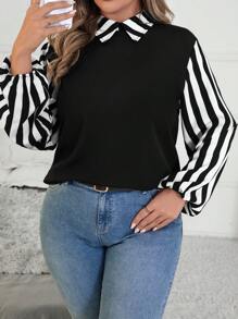 SHEIN Clasi Blusa casual minimalista de manga larga con parches lisos en tallas grandes - Negro - Ver 4