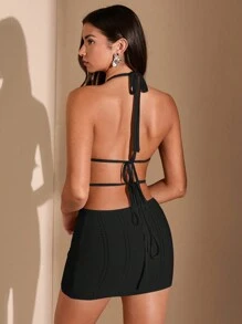 SHEIN BAE Halterneck Knit Mini Dress In White&Crochet Bikini&Sexy Outfits&Beach Women Outfits&Boho&Summer Women Dresses - Black - View 3