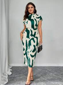 Elenzga 大码夏季休闲撞色印花蝙蝠袖褶皱腰身连衣裙，女士度假休闲装扮。 - 彩色 - 查看 5