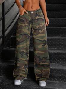 SHEIN ICON Women's Low Waist Distressed Camo Relaxed Straight Leg Jeans - Multicolor - View 5