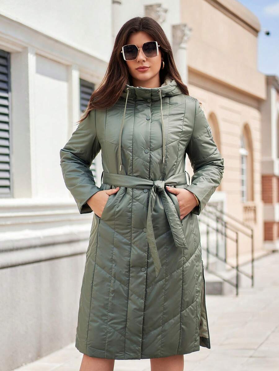 Astrid 大码女式纯色长袖单排扣口袋休闲连帽棉服外套，冬季