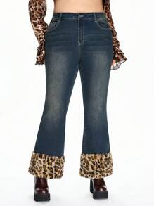 ROMWE Kawaii Plus Size Women's Y2K Flare Jeans With Leopard Fluffy Patchwork - Blue - View 1