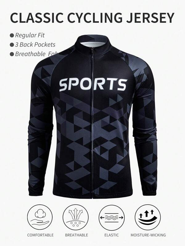 Maillot de cyclisme à fermeture éclair à manches longues avec impression de lettres dégradées, en couleurs blanc et bleu