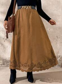 SHEIN LUNE 大码女式纯色激光镂空长款优雅半身裙 - 卡其色 - 查看 7