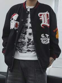 Manfinity EMRG Męska jesienna swobodna kurtka dżinsowa z nadrukiem i czaszką świąteczną, zapinana na guziki, luźna, akademicka, ciemna, na imprezę, prezent dla chłopaka