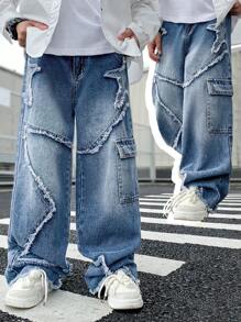 SHEIN Pantalones vaqueros anchos azules con parches y bordes desgastados de tipo estrella en parchwork para niños preadolescentes, para ropa de regreso a la escuela y otoño de niños preadolescentes - Azul lavado medio - Ver 1