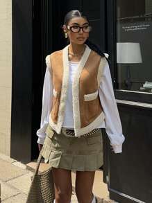 SHEIN EZwear Brown Casual Fluffy & Leather Sleeveless Vest With Pockets - Brown - View 6