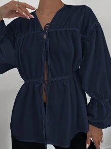 Siren Gaze Áo cánh dài tay buộc eo xếp ly cổ chữ V mới cho nữ màu trắng - Màu xanh hải quân - Xem 6