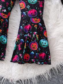 Girl's All-In-One Jumpsuit With Glow-In-The-Dark Pumpkin Print, Suitable For Halloween Party, Fashionable And Casual, Spring/Fall/Winter - Multicolor - View 3