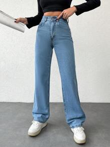 EURMUSE Solid Color Straight Leg Jeans ,Petite Women - Baby Blue - View 5