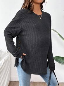 SHEIN Maternity Round Neck Drop Shoulder Side Button Breastfeeding Tee, Autumn - Black - View 3