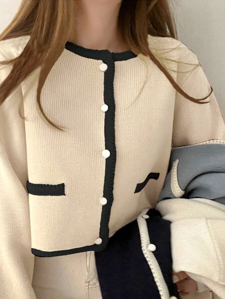 DAZY Women's Color Block Crew Neck Fitted Cardigan For Autumn,Fall Women Clothes - White - View 1