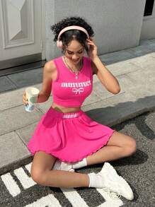 SHEIN ICON 返校季，Y2K 风格，夏秋季运动网球裙两件套，蝴蝶结卡通印花图案 - 玫紅色 - 查看 3