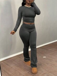 Solid Color Pleated Crew Neck Long Sleeve Top And Long Pants Two-Piece Casual Versatile Set - Màu xám đen - Xem 4