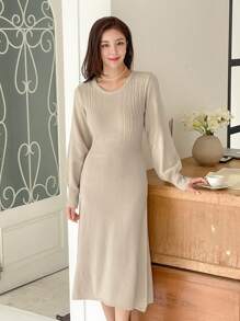 DAZY 女士纯色圆领扭纹针织毛衣裙，秋季服装 - 米色 - 查看 3