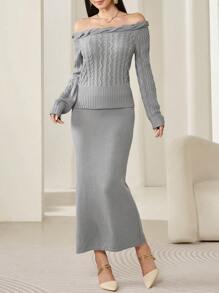 Modelyn Women's Off Shoulder Long Sleeve Solid Knit Sweater & Long Hem Knit Skirt 2 Pieces Set, Elegant And Slim-Fit, Fall 2 Pieces Set
