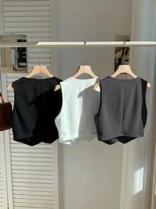 Comfortcana 3 件套女士休闲 V 领单排扣纯色背心套装，秋季 - 彩色 - 查看 2