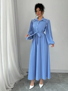 Rafferiza Vestido estilo francés de manga farol con cuello de camisa, con volantes y adorno de strass, vestido largo para mujer - Azul - Ver 4